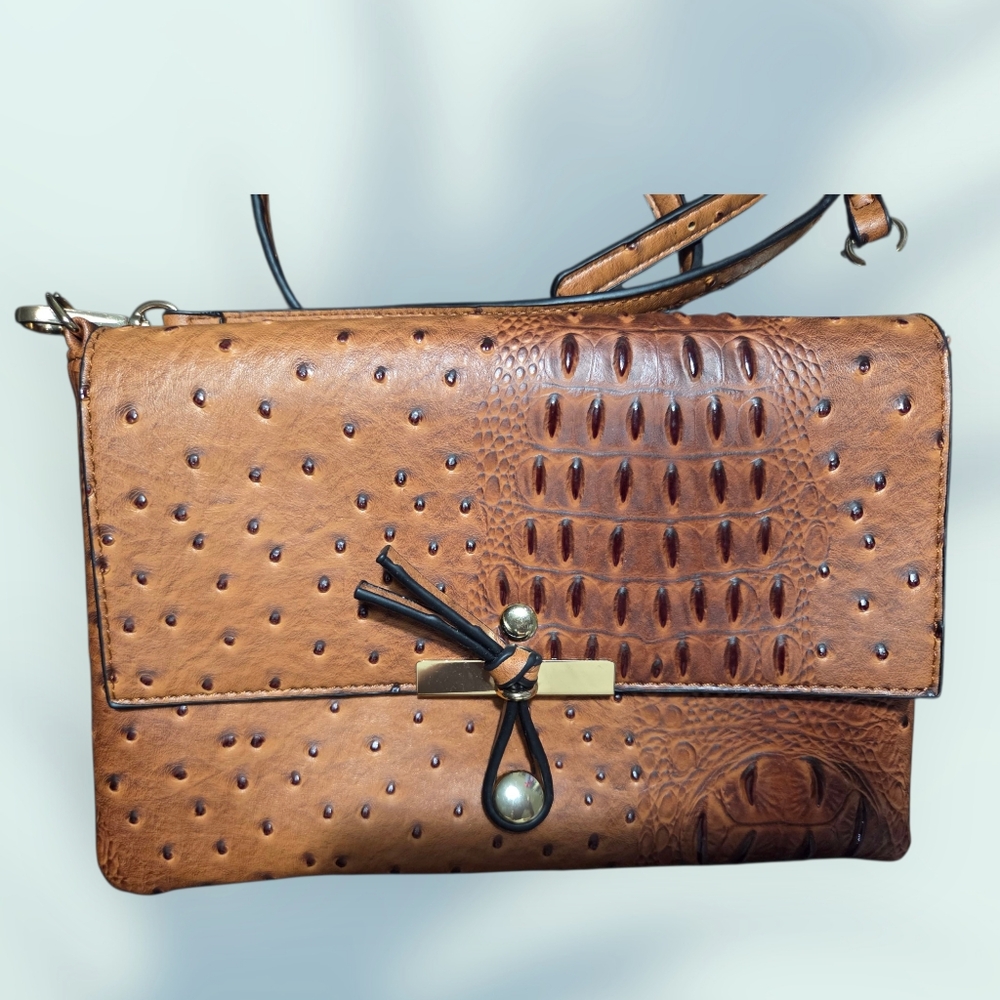 Le Miel Chic Brown, Tan Foux Lether Vegan Crossbody Bag with Embossed Design